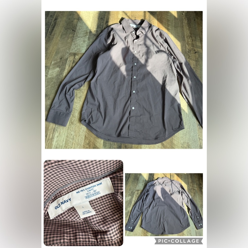 Old Navy Men's Checkered Shirt - Purple and Black Large Slim Fit